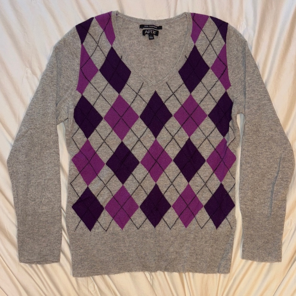 Apt. 9 100% Cashmere V-Neck Sweater Purple Black Gray Argyle L